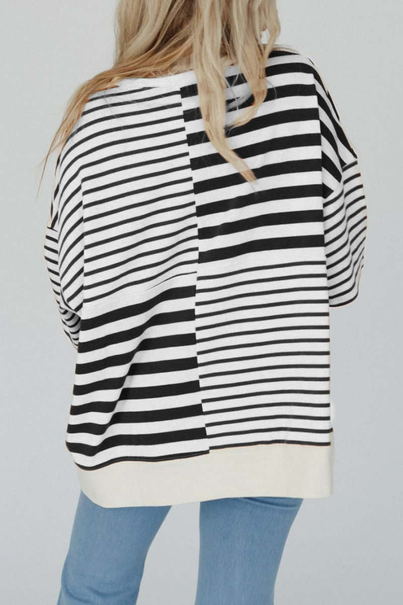 Casual Stripe Buttons Patchwork Contrast O Neck T-Shirts