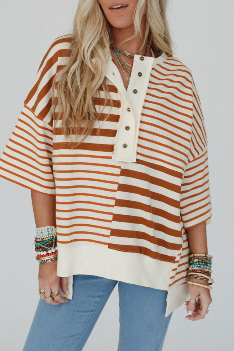 Casual Stripe Buttons Patchwork Contrast O Neck T-Shirts