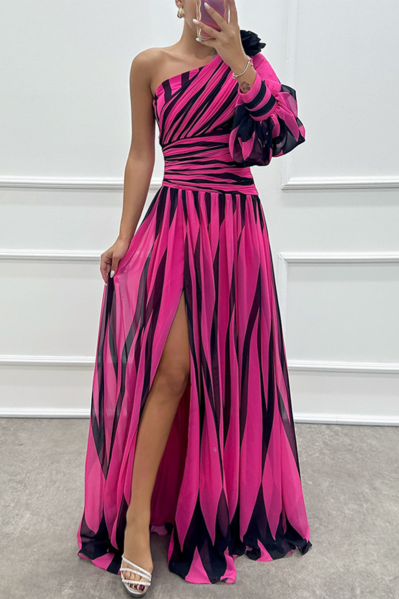 Sexy Prom Striped Print Slit Irregular Sloping Shoulder Evening Dresses(4 Colors)