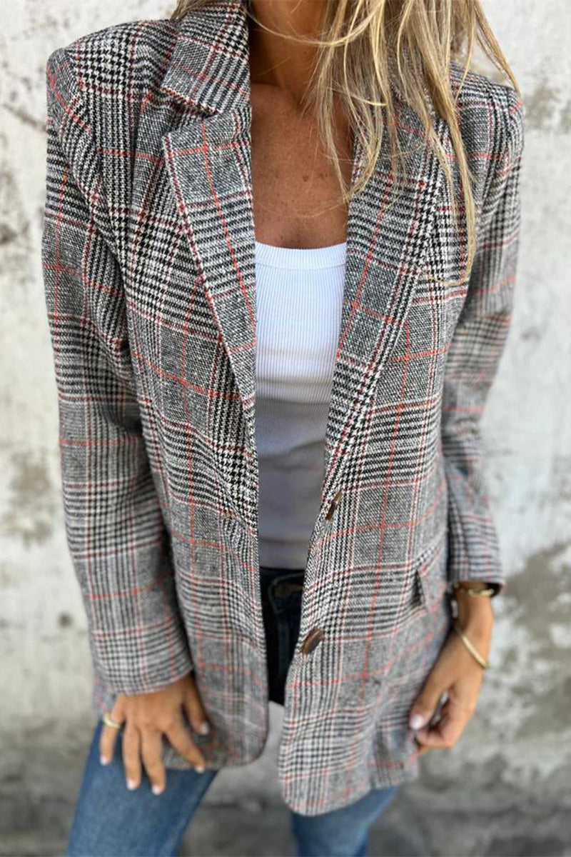 Casual Plaid Buttons Contrast Turndown Collar Outerwear