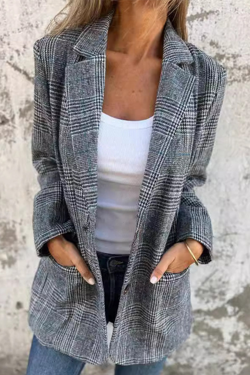 Casual Plaid Buttons Contrast Turndown Collar Outerwear