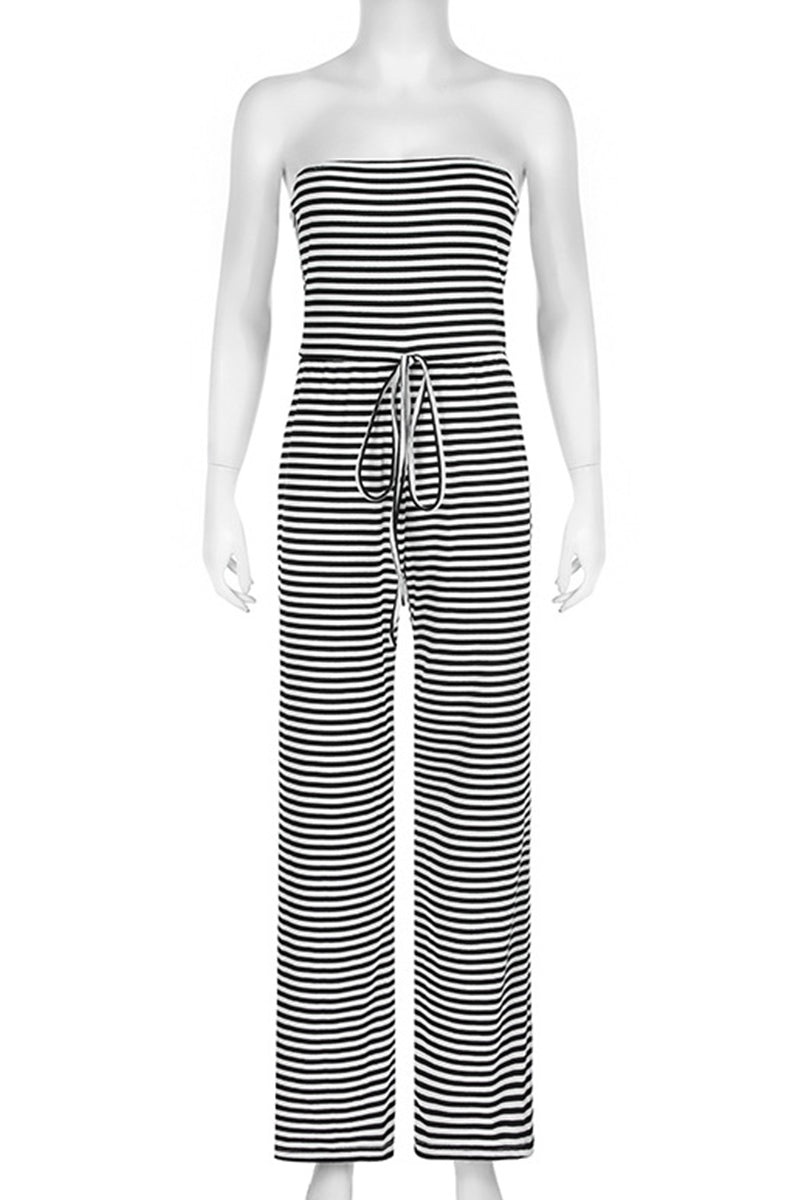 Casual Stripe Patchwork Backless Strap Design Strapless Loose Jumpsuits