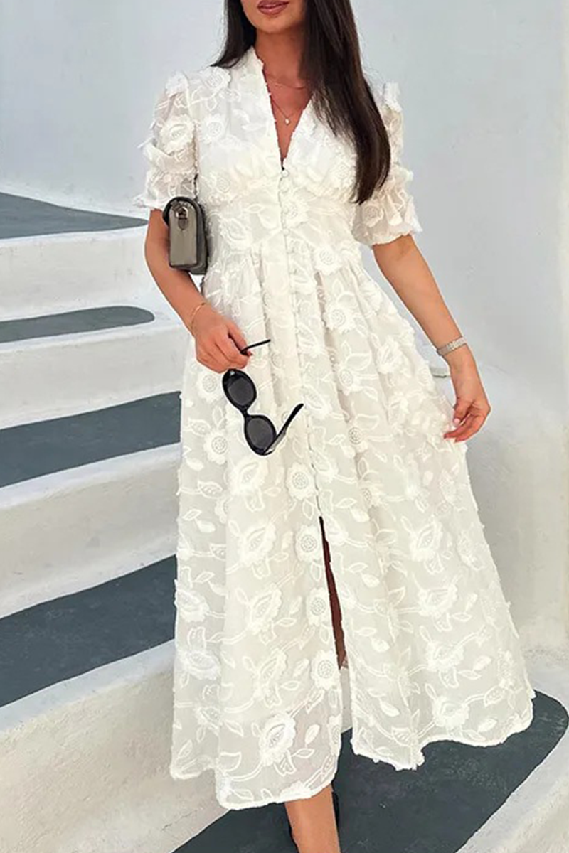 Casual Vacation Jacquard Buckle V Neck A Line Dresses