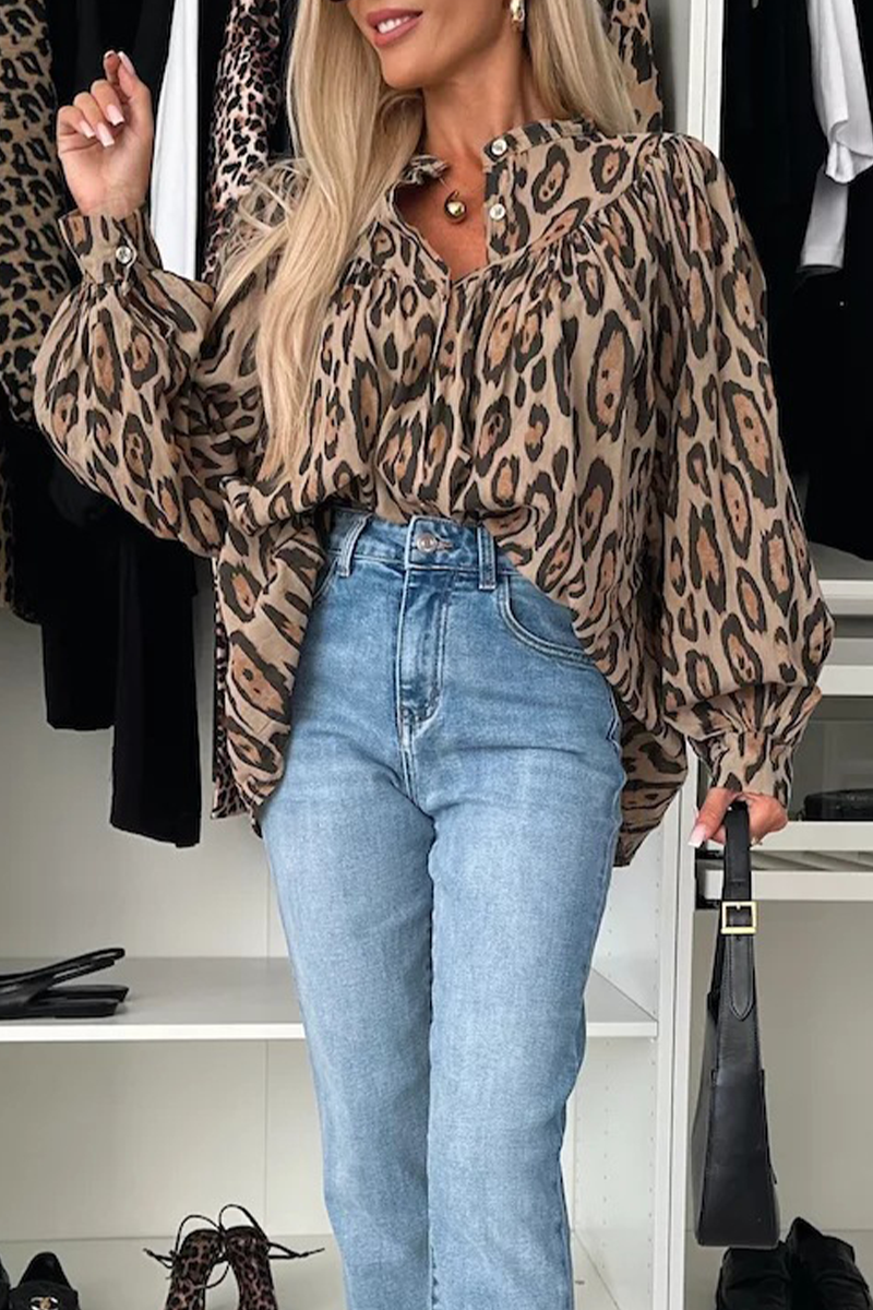 Casual Leopard Buttons Ruched O Neck Blouses