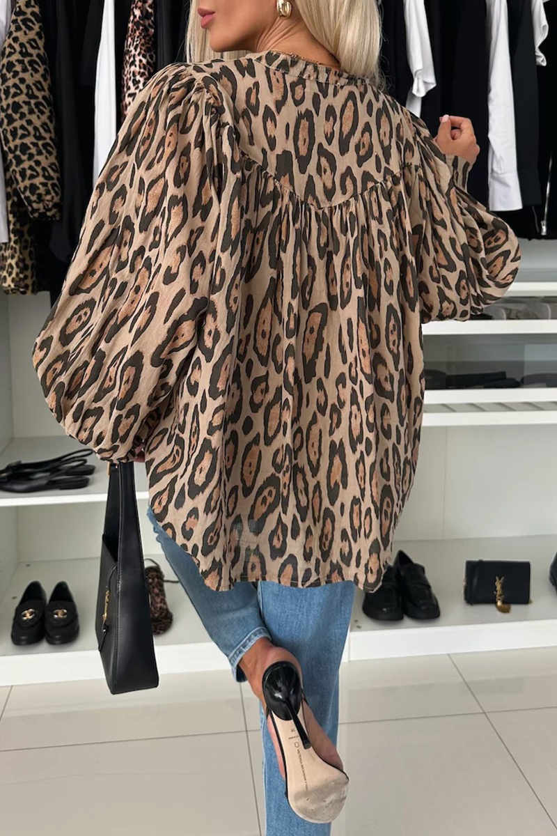 Casual Leopard Buttons Ruched O Neck Blouses