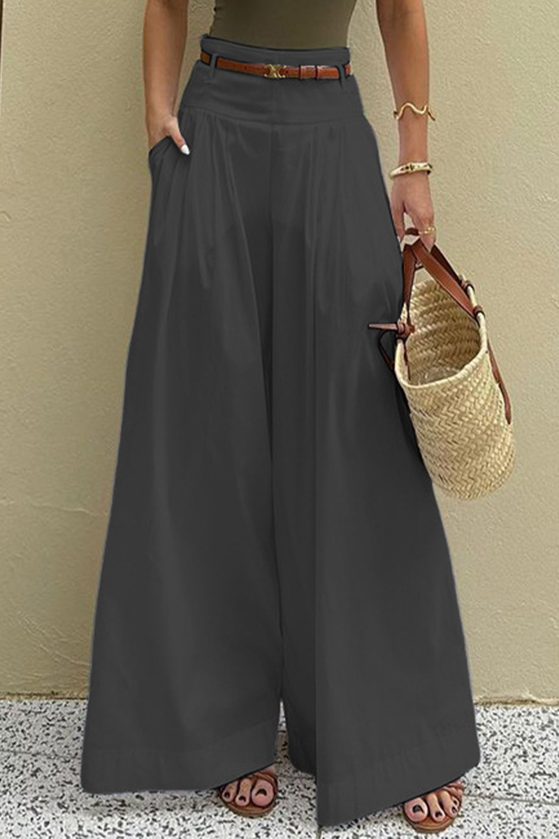 Casual Pocket With Belt Loose High Waist Wide Leg Bottoms