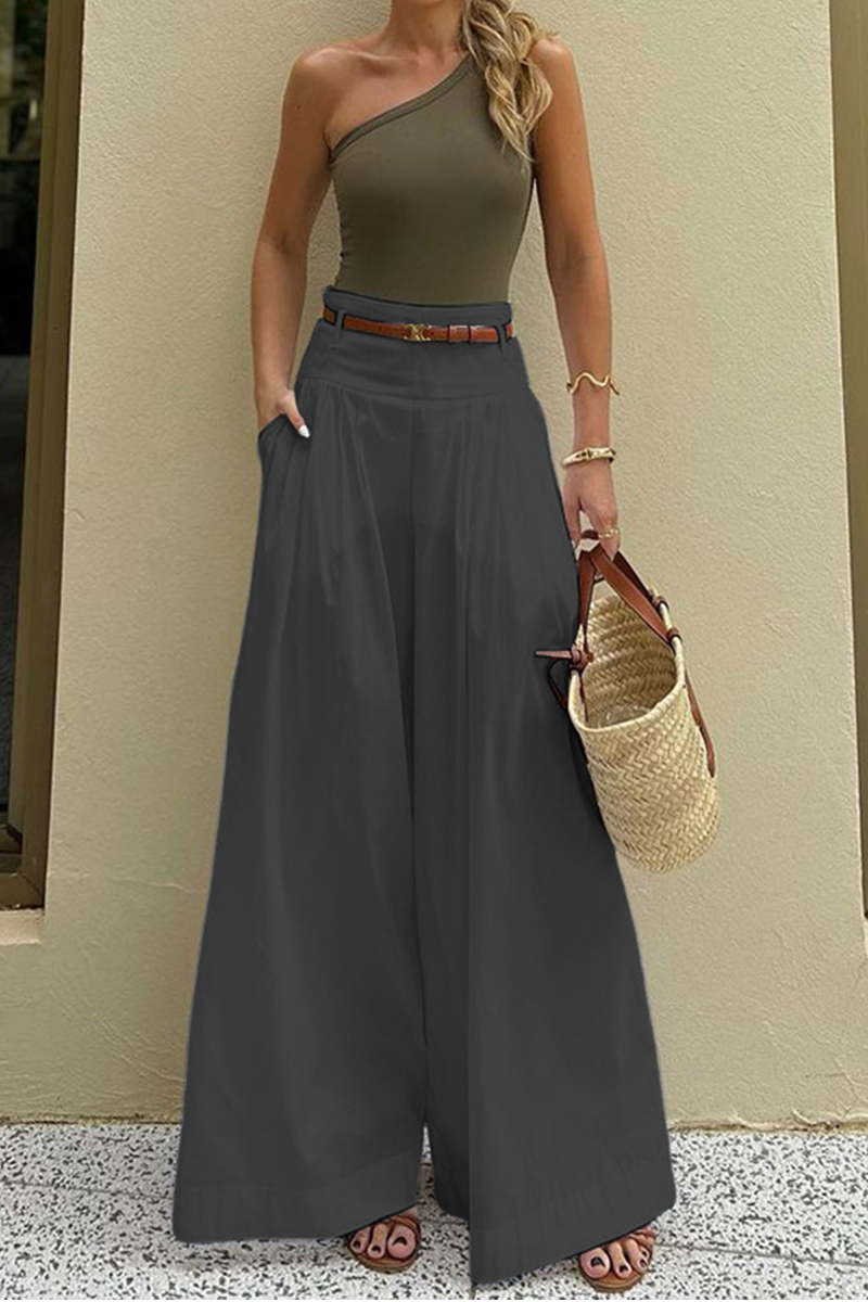 Casual Pocket With Belt Loose High Waist Wide Leg Bottoms