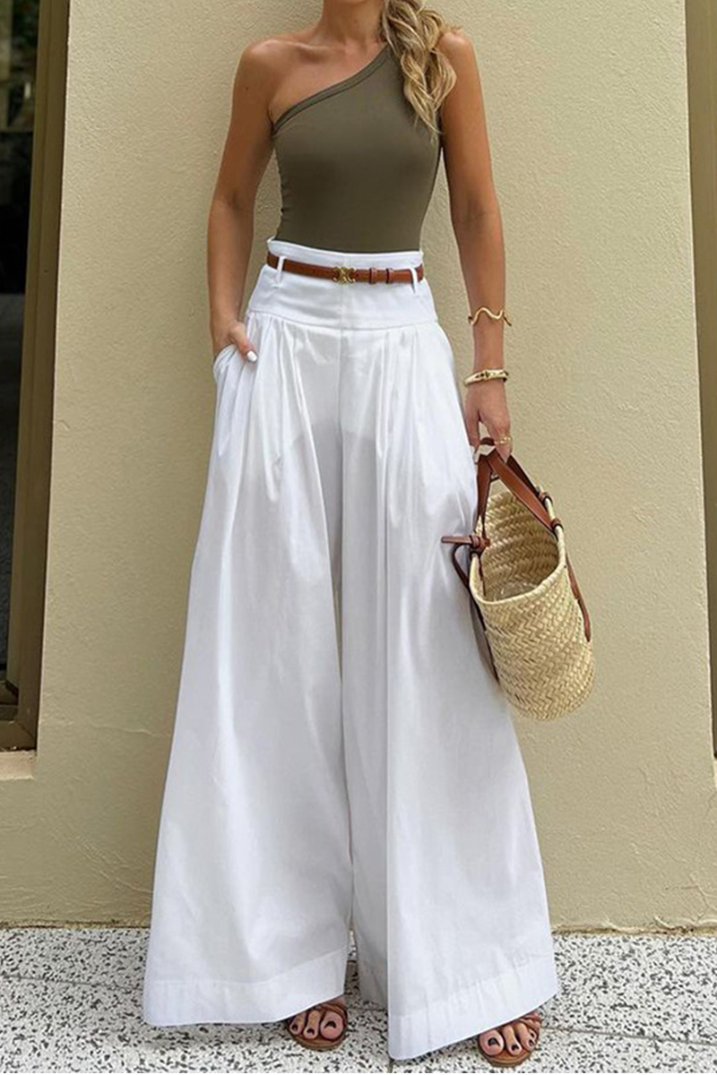 Casual Pocket With Belt Loose High Waist Wide Leg Bottoms