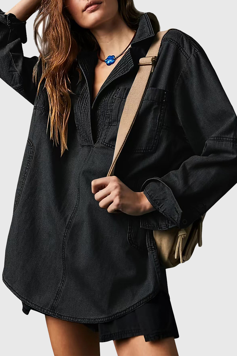 Casual Street Distressed Pocket Turndown Collar Long Sleeve Loose Denim Jacket(4 Colors)