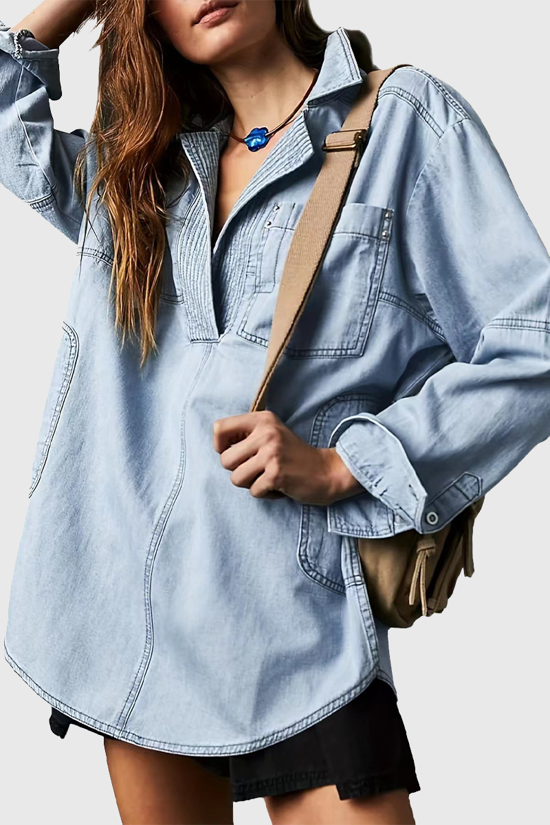 Casual Street Distressed Pocket Turndown Collar Long Sleeve Loose Denim Jacket(4 Colors)