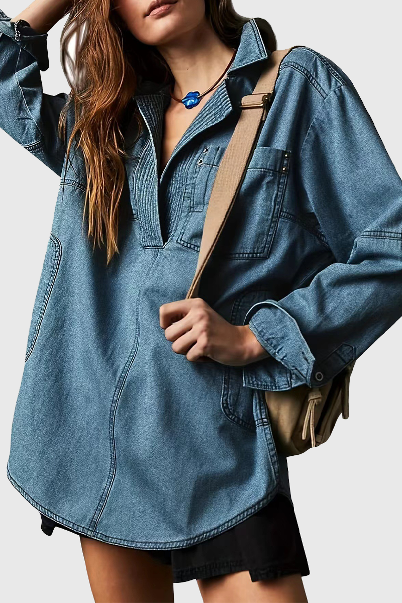 Casual Street Distressed Pocket Turndown Collar Long Sleeve Loose Denim Jacket(4 Colors)