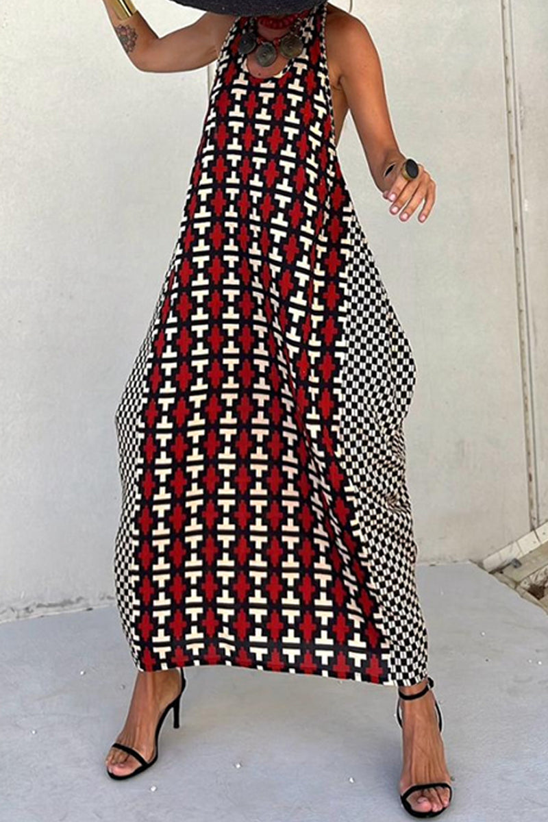 Casual Print Backless U Neck Long Dresses