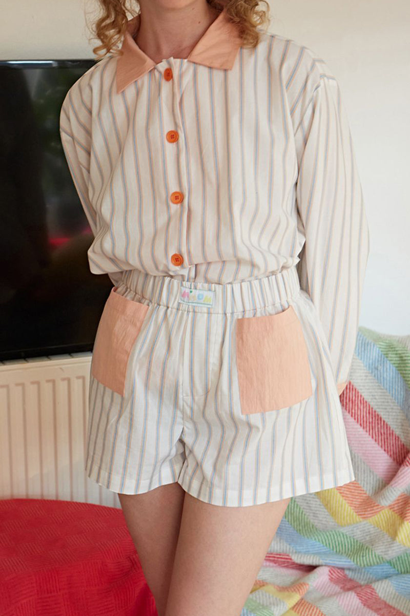 Casual Daily Stripe Patchwork Contrast Turndown Collar Long Sleeve Two Pieces