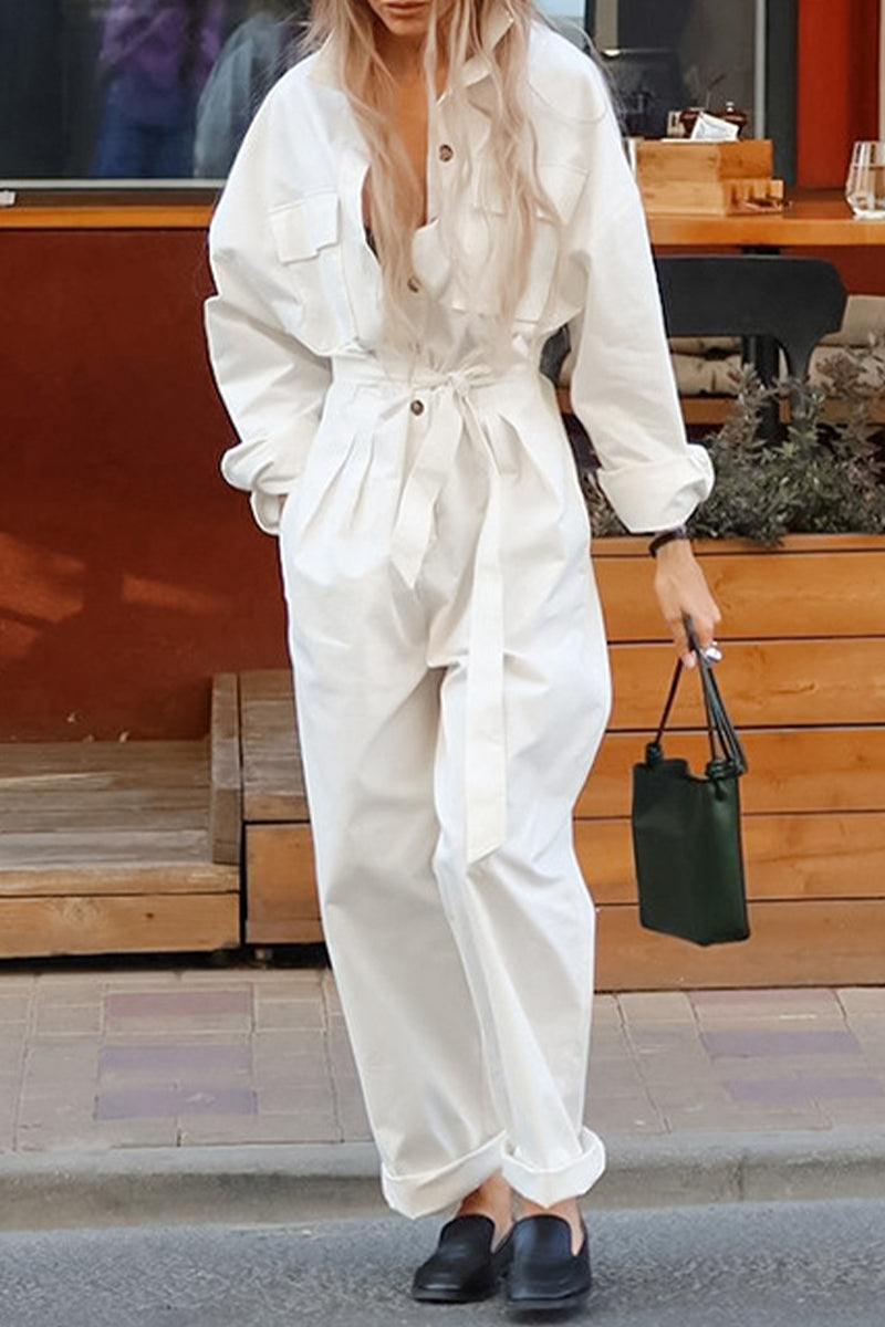 Casual Street Lace Up Buttons Turndown Collar Loose Jumpsuits