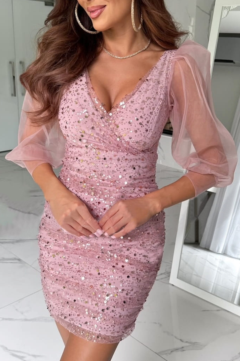 Sexy Sequins Sequined Mesh V Neck Wrapped Skirt Dresses