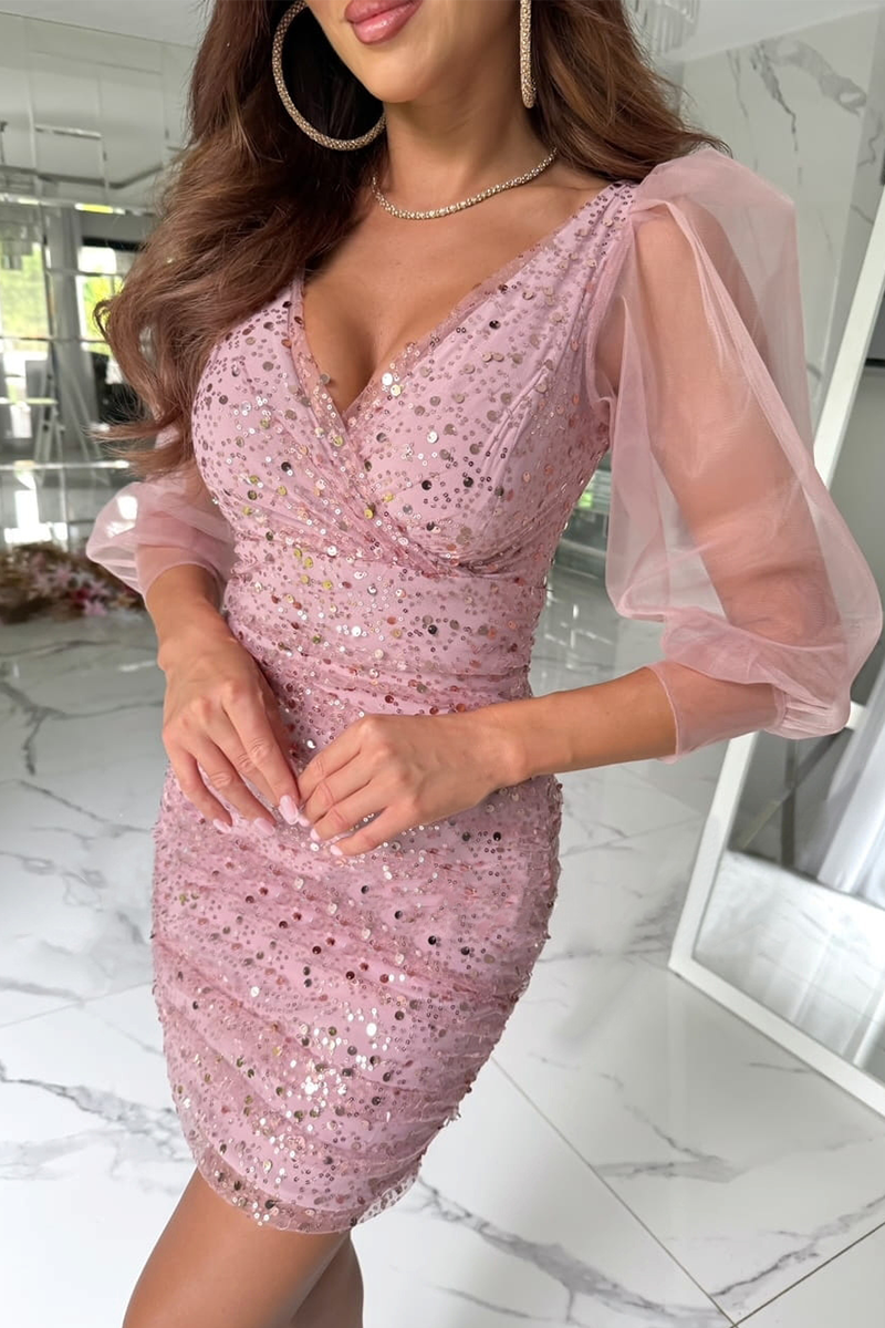 Sexy Sequins Sequined Mesh V Neck Wrapped Skirt Dresses