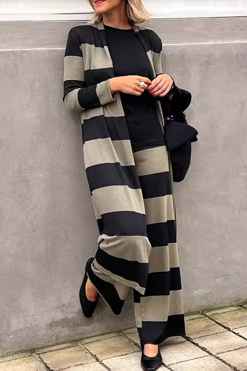 Casual Street Stripe Patchwork Contrast Cardigan Collar Long Sleeve Two Pieces