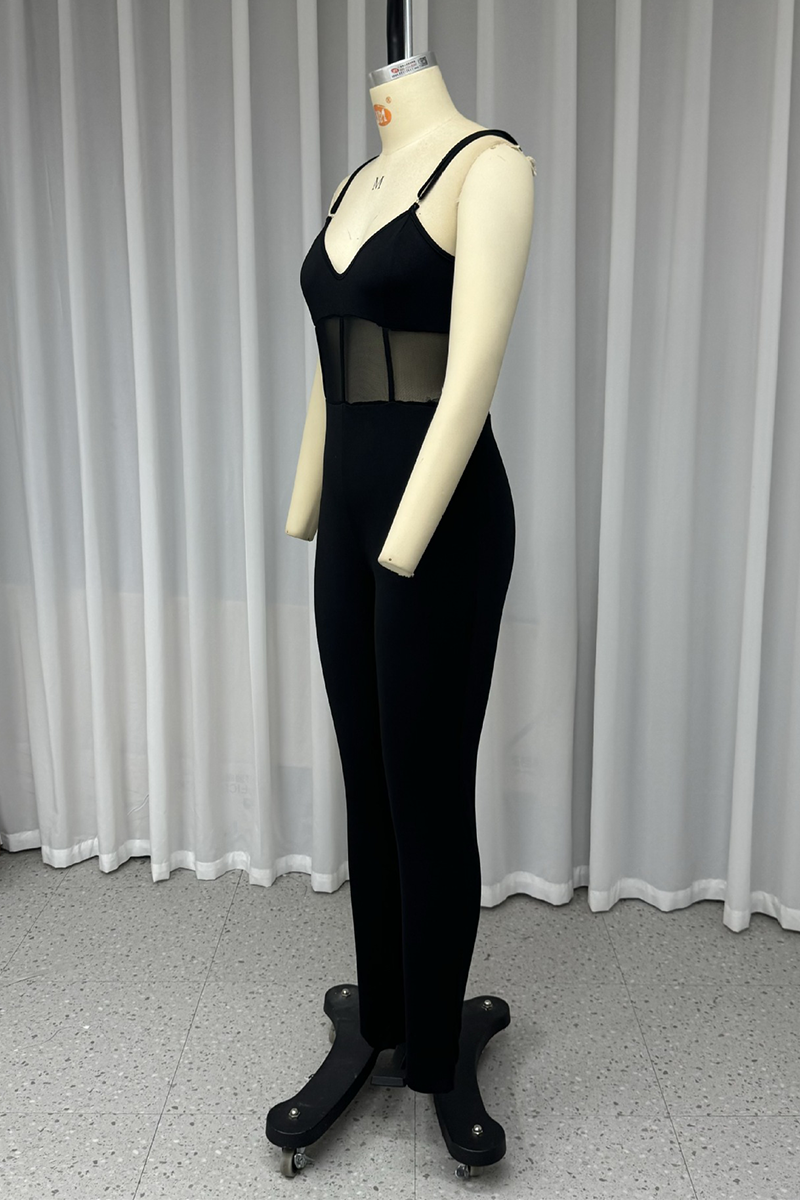 Sexy Solid Color Mesh V Neck Skinny Jumpsuits