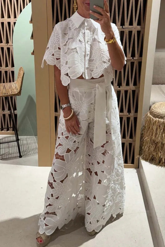Casual Solid Color Hollow Out Buttons Turndown Collar Half Sleeve Two Pieces(5 Colors)
