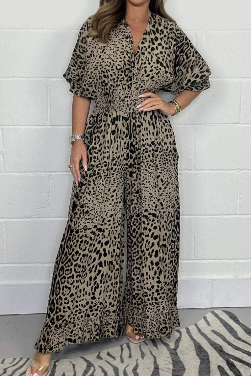 Casual Leopard Contrast V Neck Loose Jumpsuits(4 Colors)