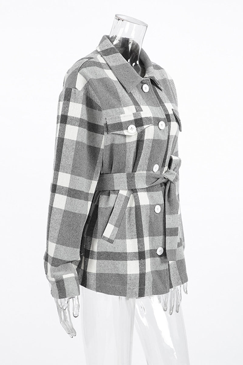 Casual Plaid Lace Up Buttons Contrast Gross Turndown Collar Outerwear