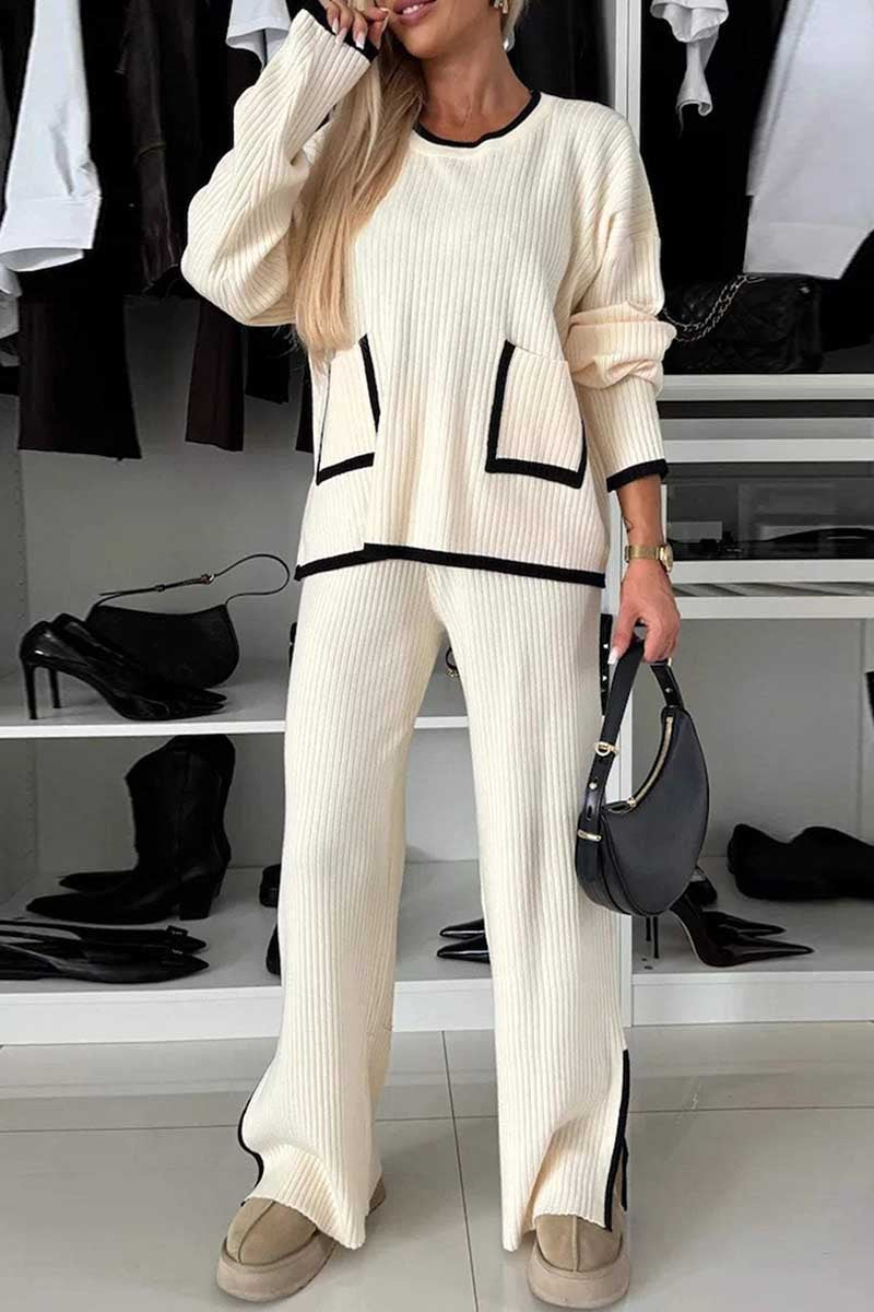 Casual Patchwork Slit O Neck Long Sleeve Two Pieces(3 Colors)