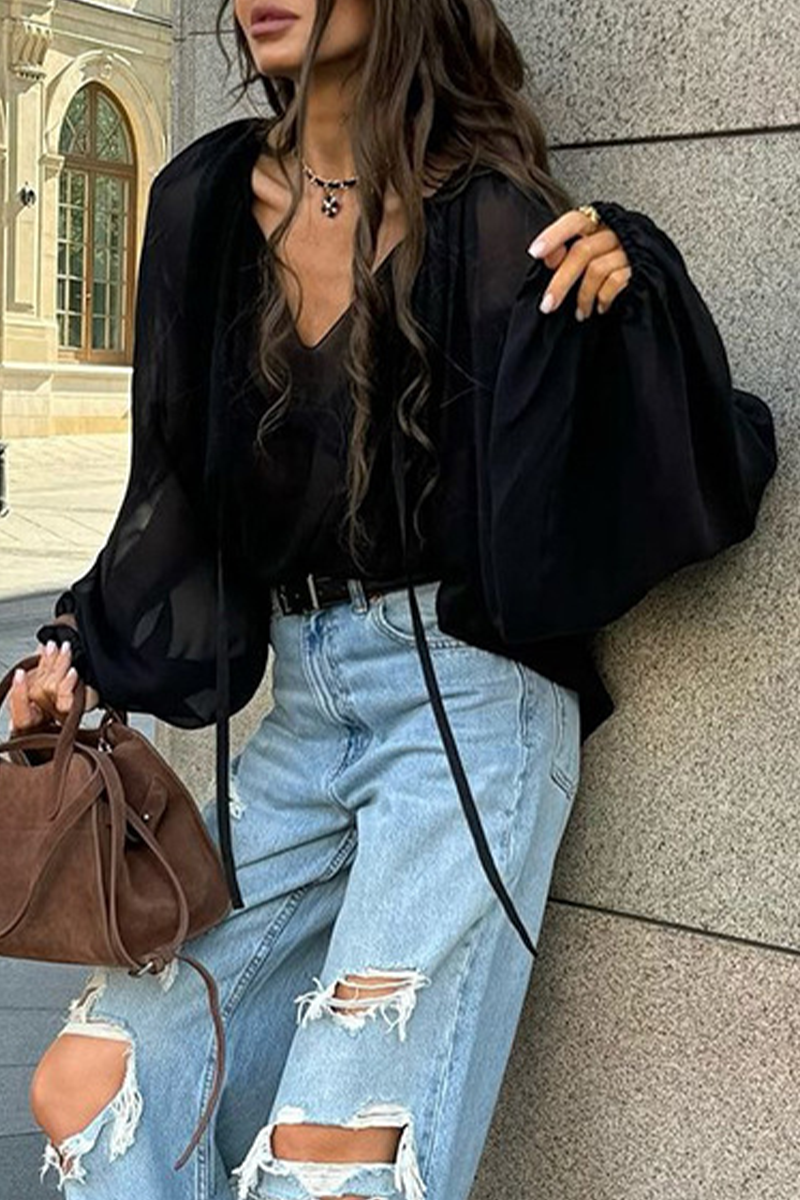 Casual Lace Up See-Through V Neck Blouses