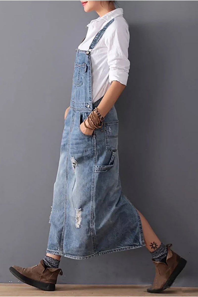 Casual Ripped Pocket Backless Slit Spaghetti Strap SleevelessDenim Dresses