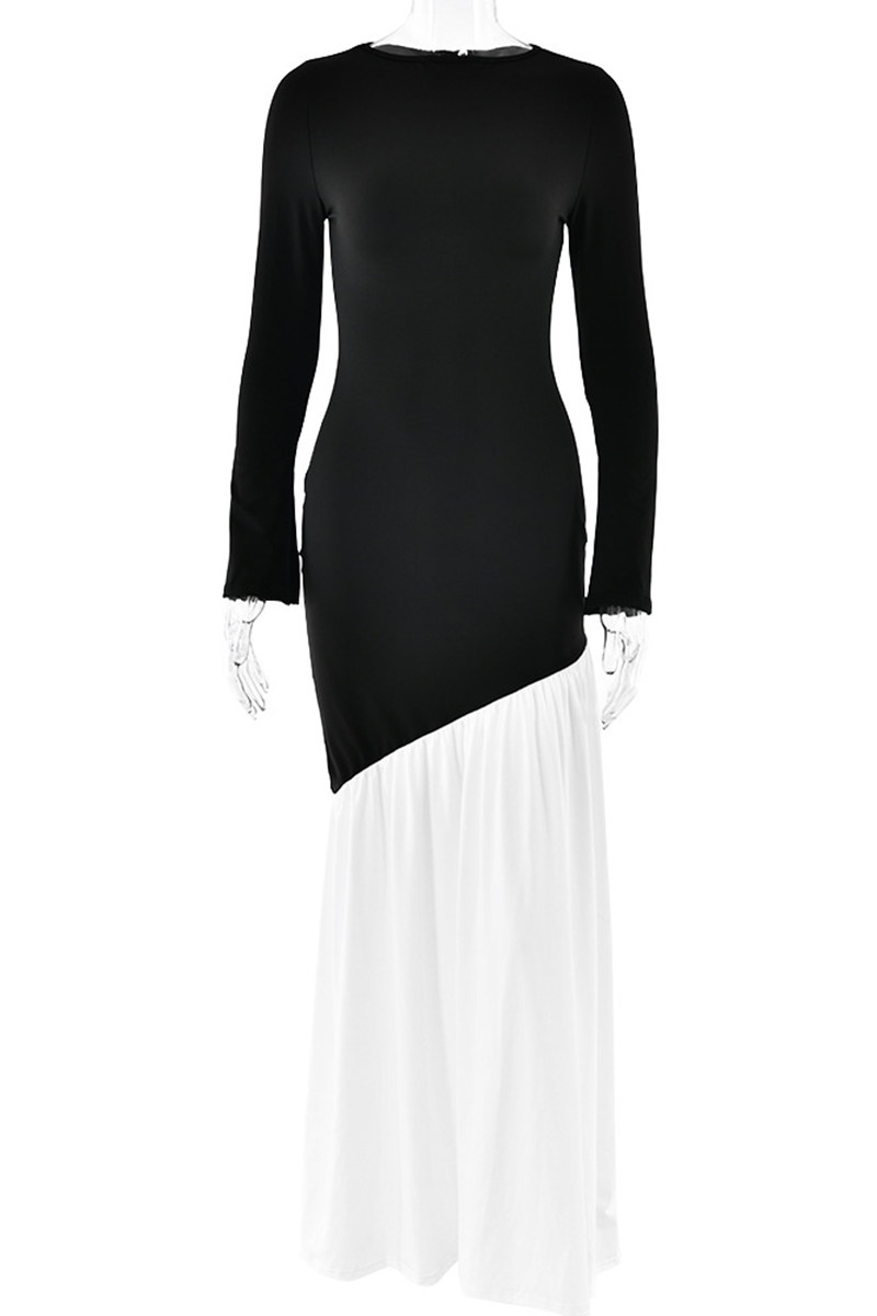 Elegant Ruched Contrast O Neck Long Dresses