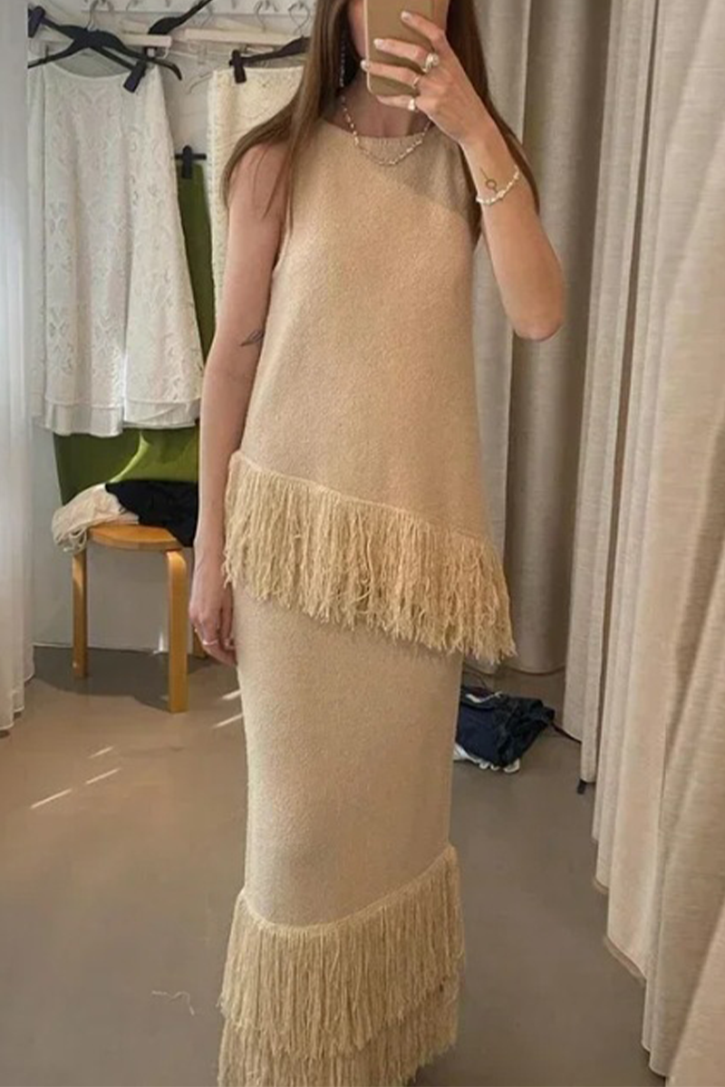 Elegant Fringed Trim O Neck Sleeveless Two Pieces