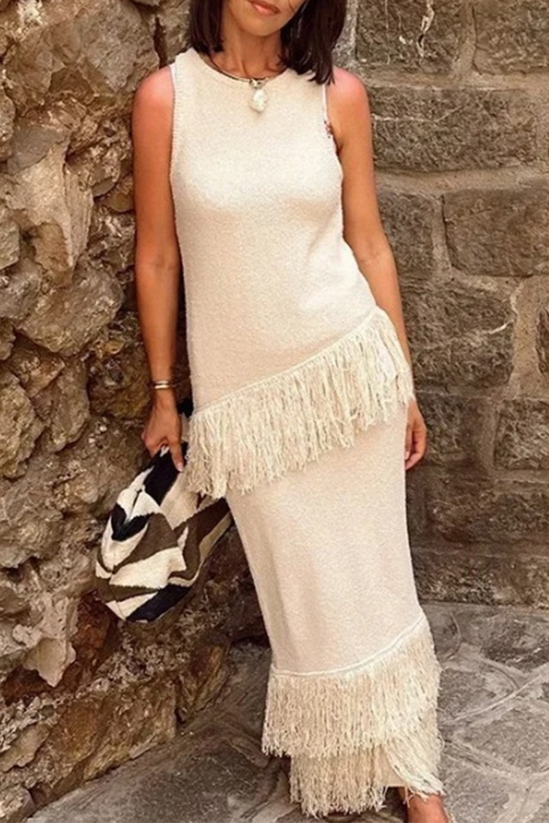 Elegant Fringed Trim O Neck Sleeveless Two Pieces