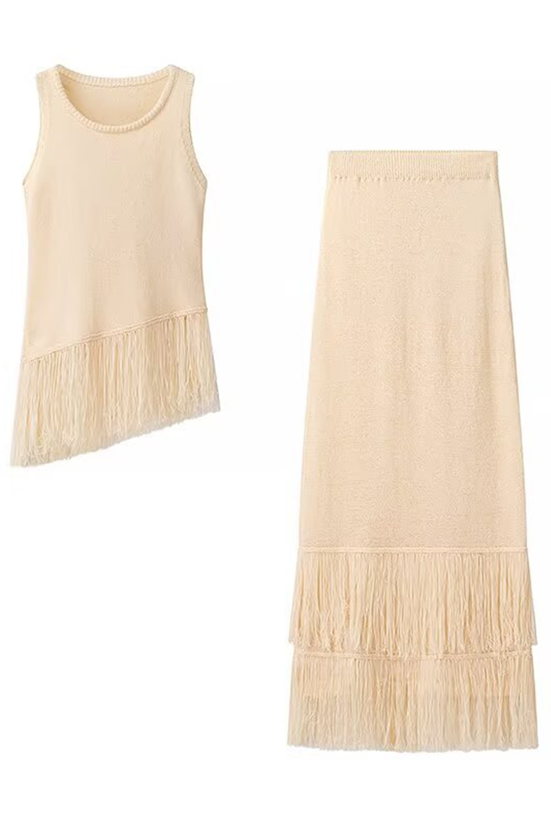 Elegant Fringed Trim O Neck Sleeveless Two Pieces