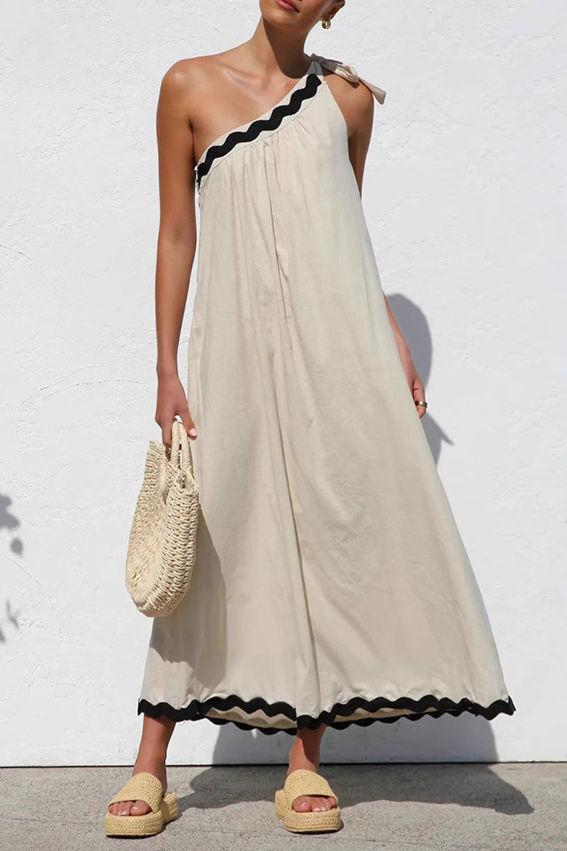 Vacation Ripple Lace Up Patchwork Irregular Sloping Shoulder Sleeveless Dresses