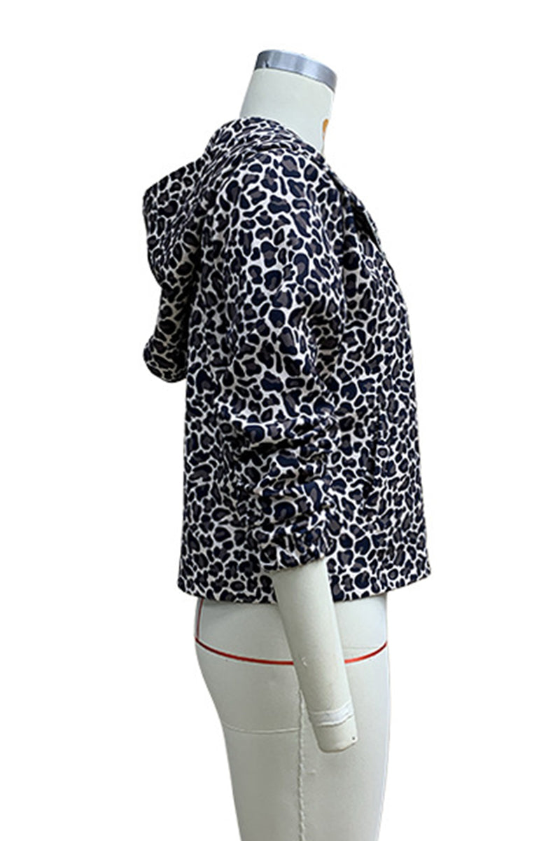 Casual Street Leopard Pocket Patchwork Zipper Hooded Outerwear