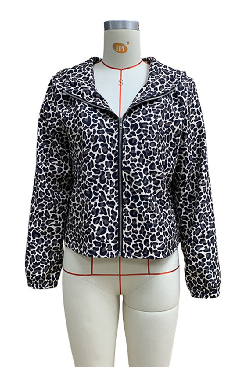 Casual Street Leopard Pocket Patchwork Zipper Hooded Outerwear