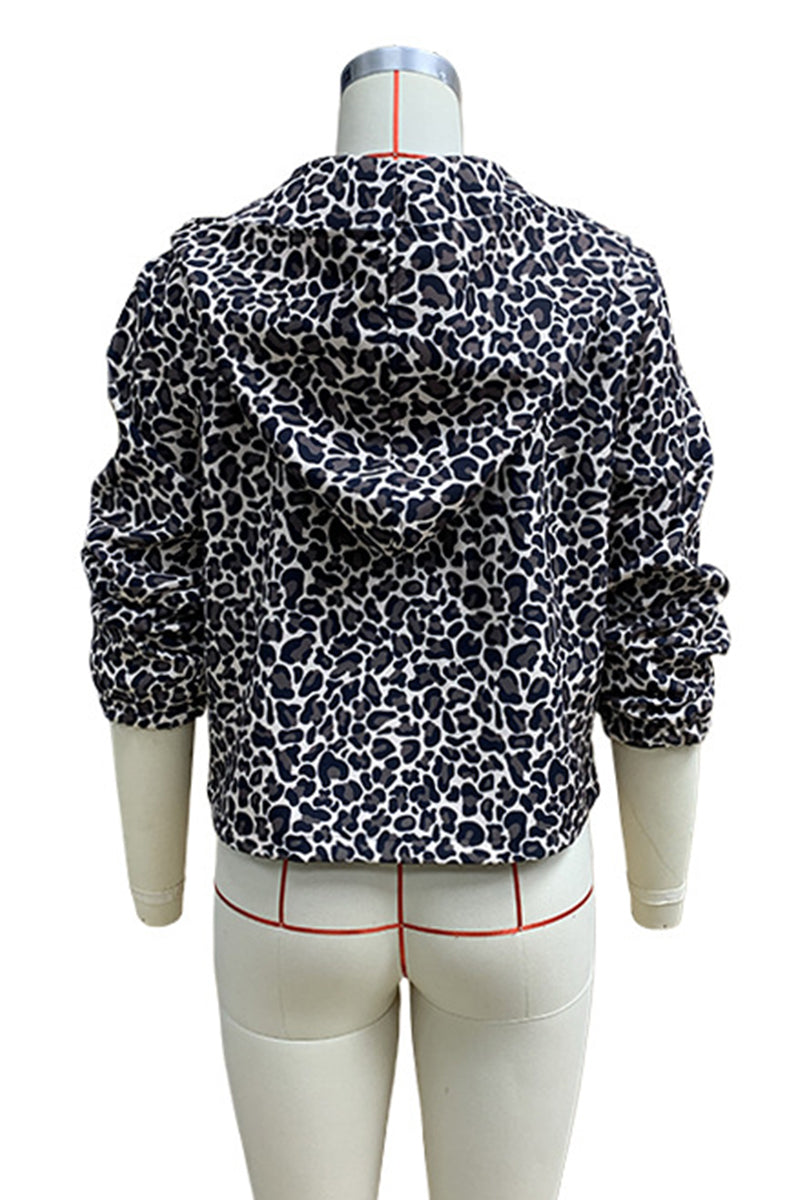 Casual Street Leopard Pocket Patchwork Zipper Hooded Outerwear