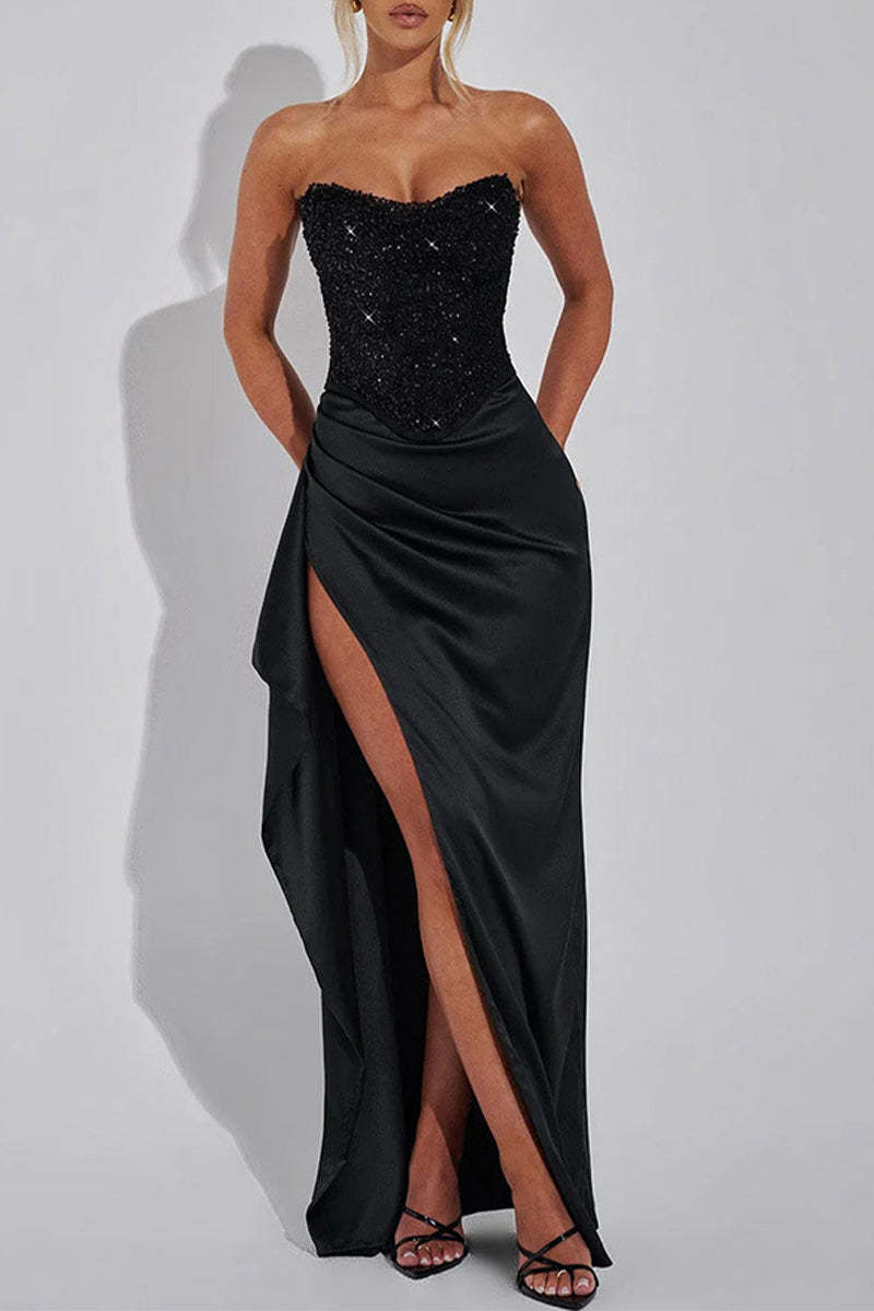 Sexy Prom Sequins Slit Ruched Off Shoulder Evening Dresses