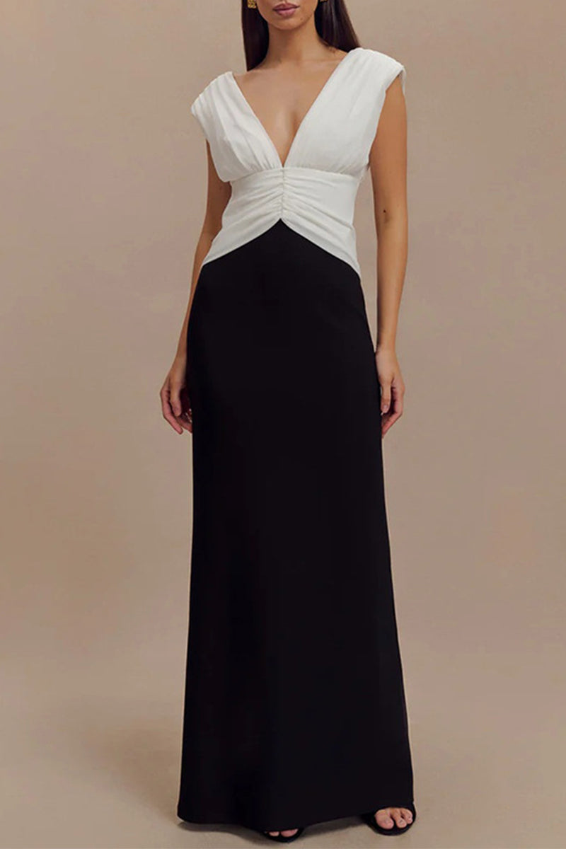 Sexy Backless Ruched Contrast V Neck Long Dresses