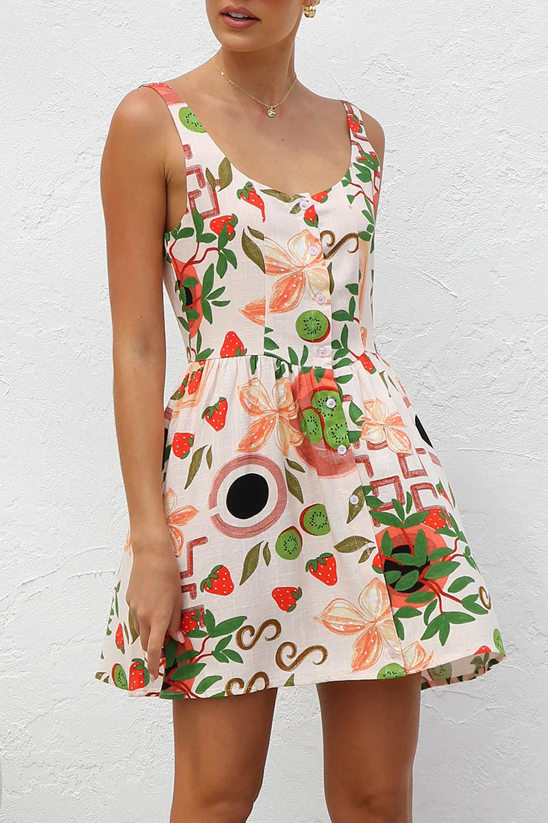 Sexy Vacation Floral Print Buttons Contrast U Neck Sling Dresses