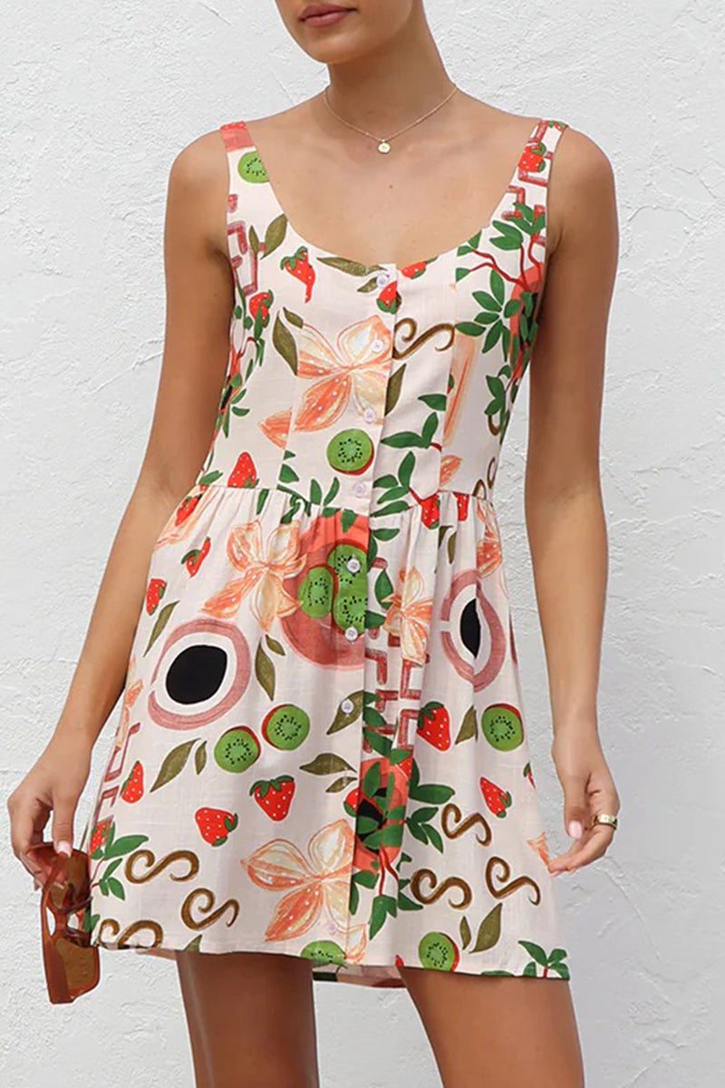 Sexy Vacation Floral Print Buttons Contrast U Neck Sling Dresses