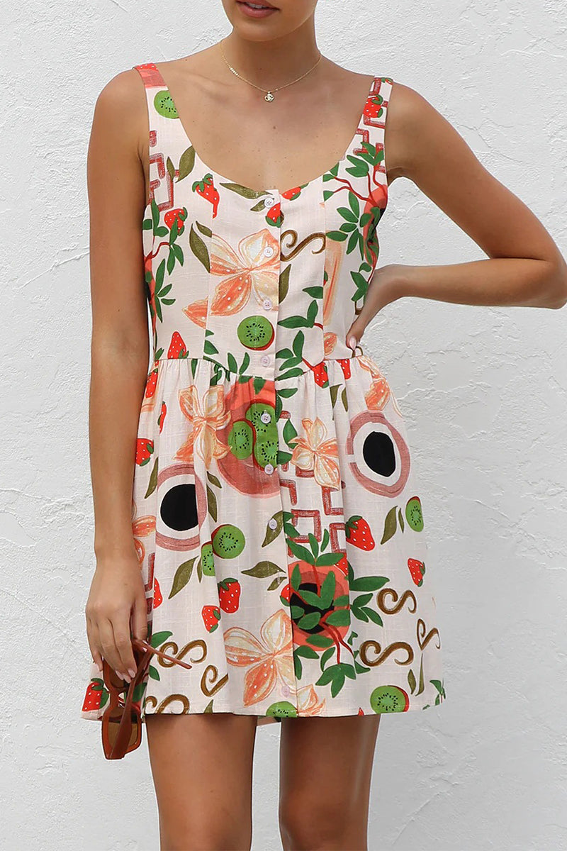 Sexy Vacation Floral Print Buttons Contrast U Neck Sling Dresses