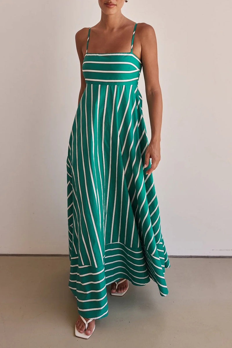 Casual Vacation Stripe Backless Contrast Square Neck Sling Dresses