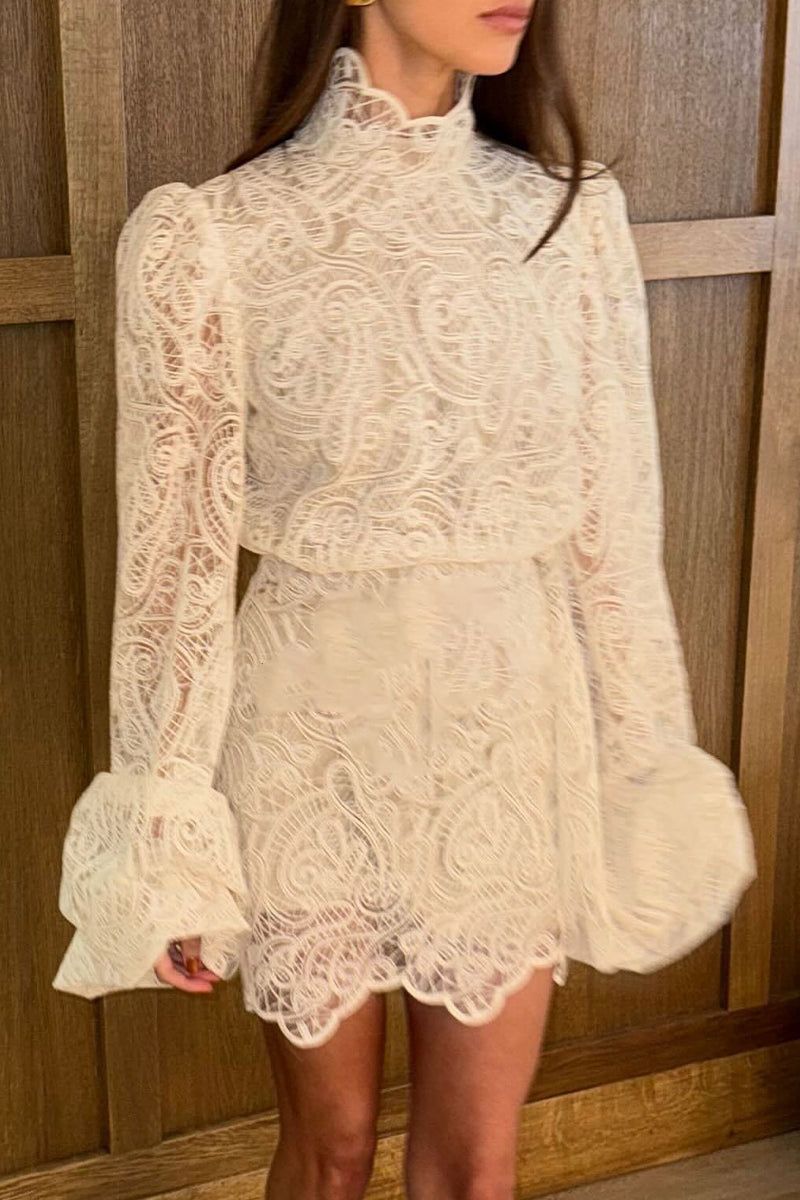 Elegant Lace Half A Turtleneck Long Sleeve Two Pieces