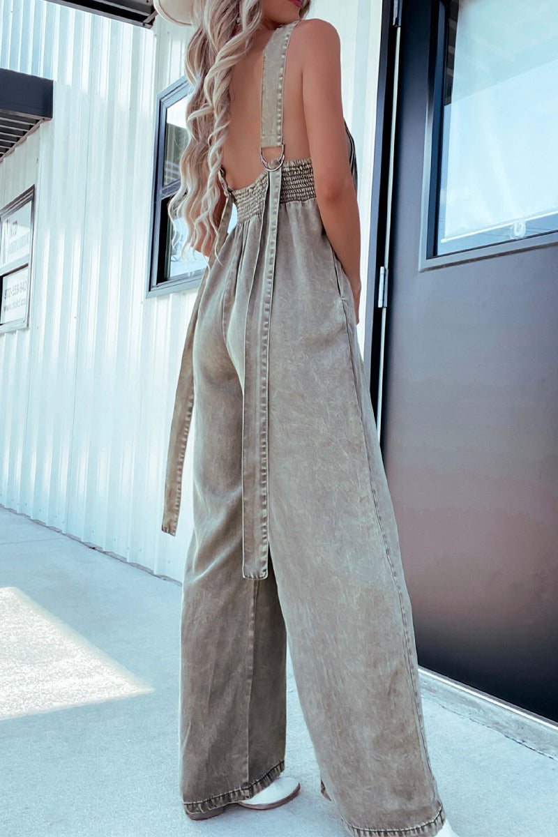 Casual Distressed Pocket Adjustable V Neck Loose Jumpsuits