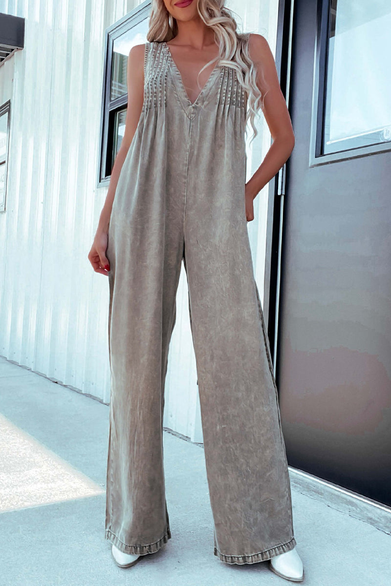 Casual Distressed Pocket Adjustable V Neck Loose Jumpsuits