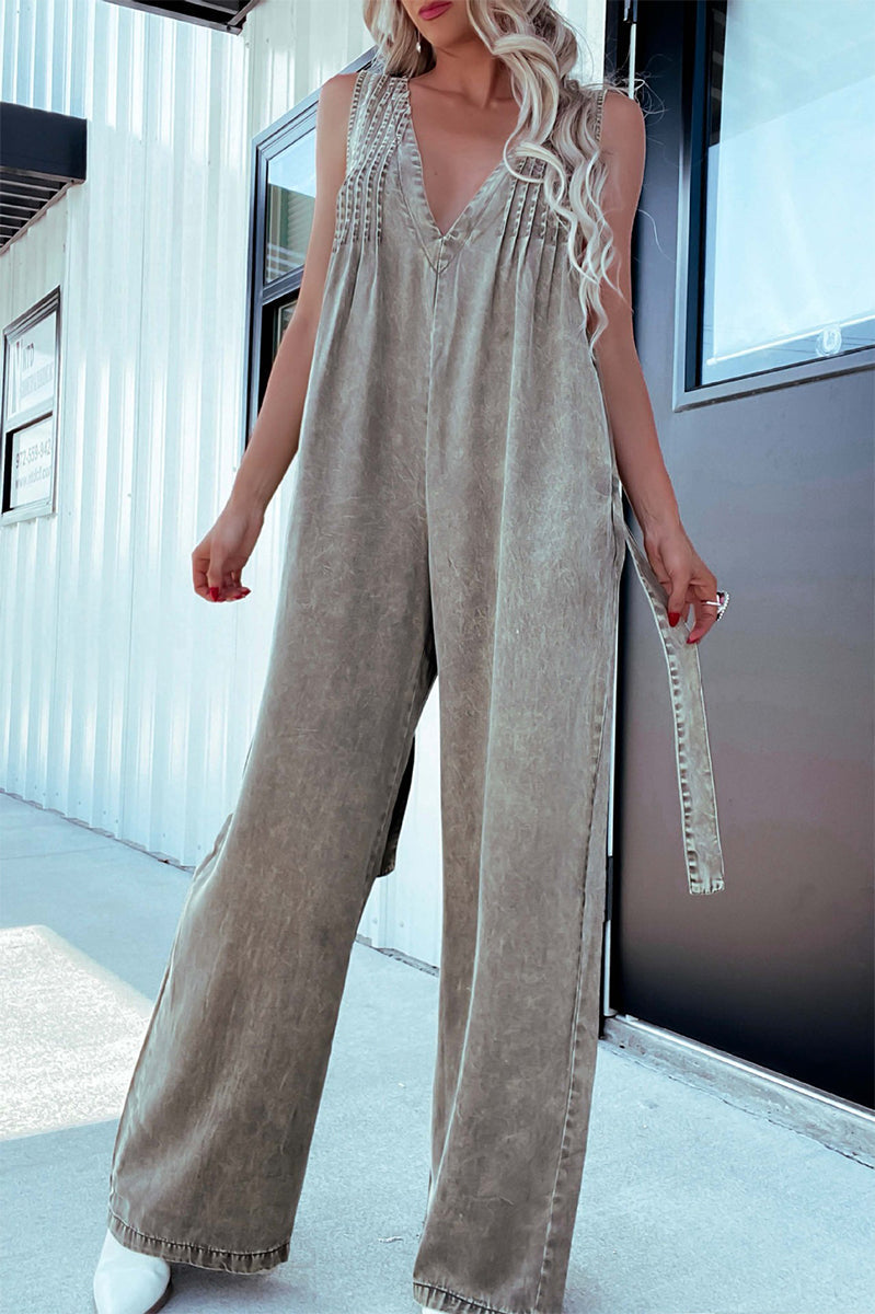 Casual Distressed Pocket Adjustable V Neck Loose Jumpsuits