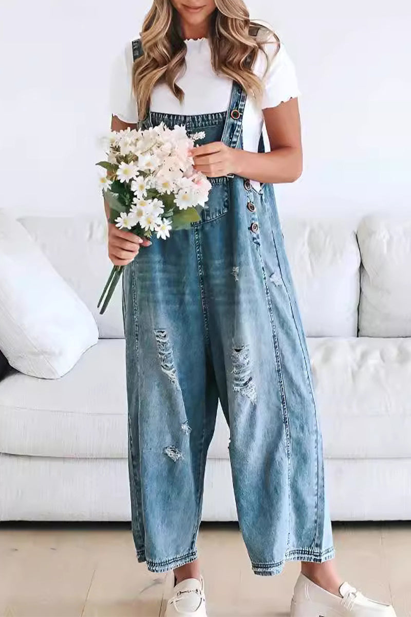 Casual Distressed Buttons Square Neck Sleeveless Loose Denim Jumpsuits