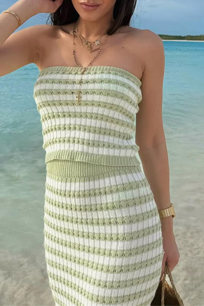 Sexy Stripe Weave Contrast Strapless Sleeveless Two Pieces