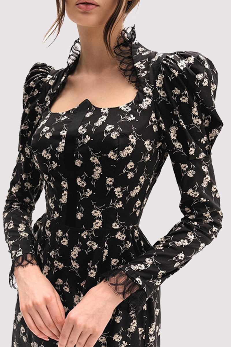 Elegant Floral Print Lace Patchwork Square Neck Long Sleeve Dresses