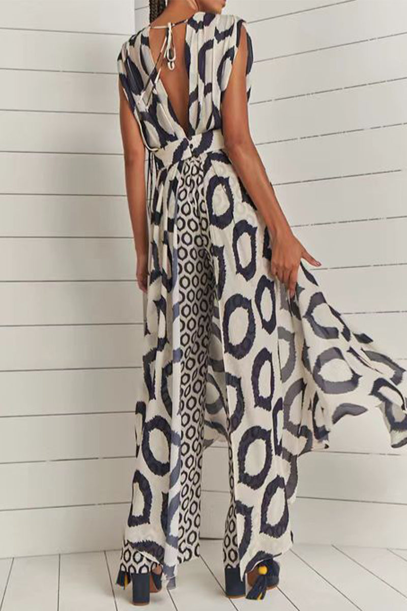 Casual Geometric Print Pocket Slit Contrast V Neck Sleeveless Two Pieces